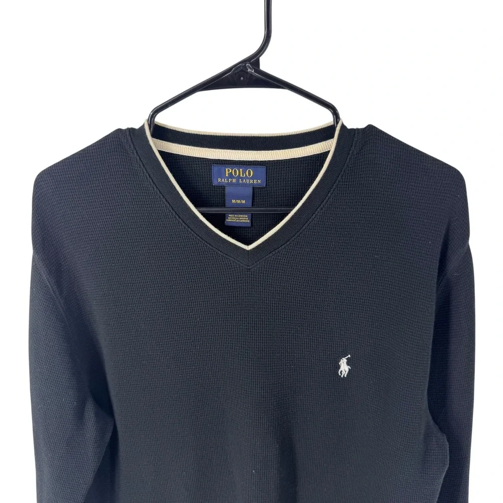 Polo Ralph Lauren Mens Navy Blue Waffle Knit V-Neck Thermal Shirt Size Medium